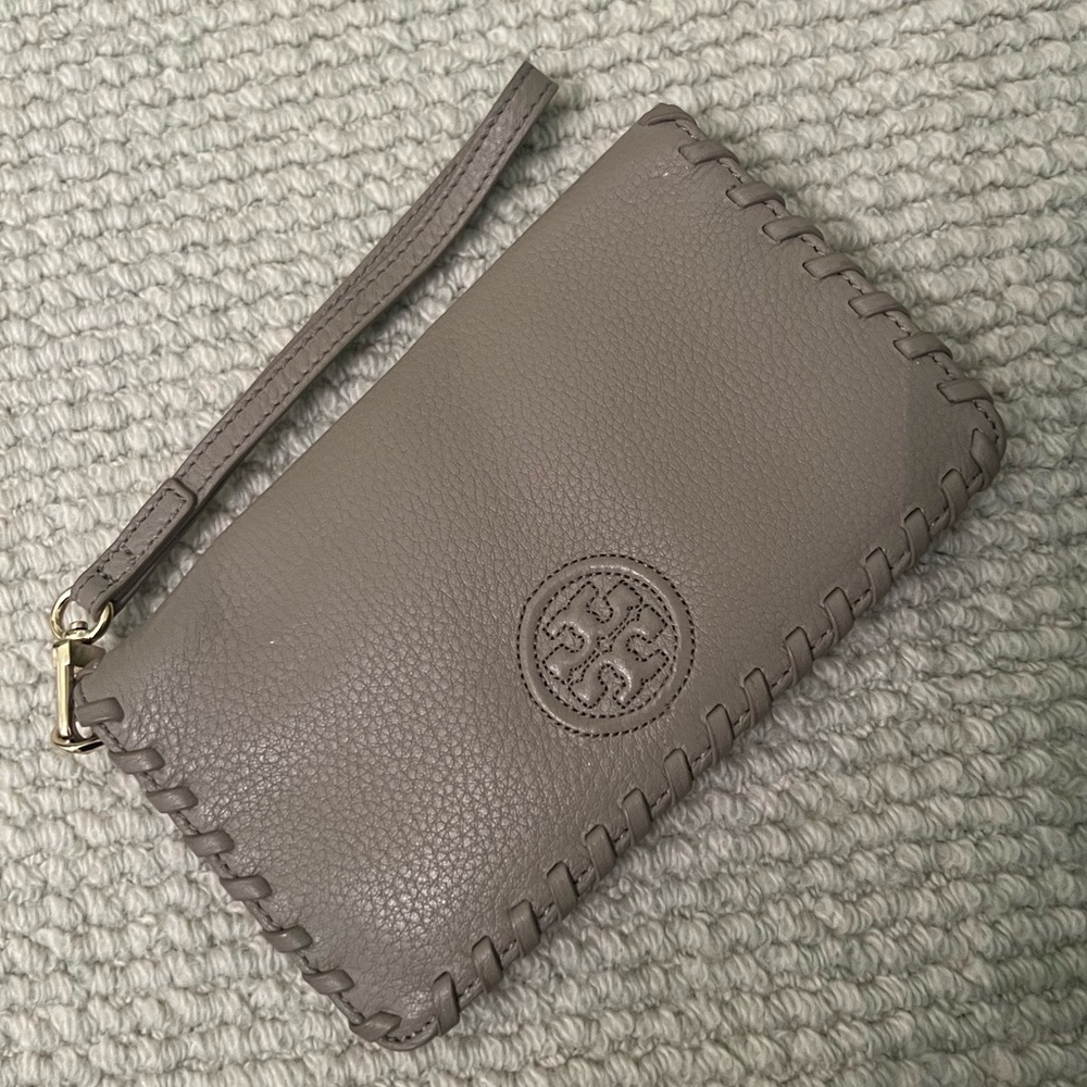Grey Tory Burch wallet with zipper and phone pouch